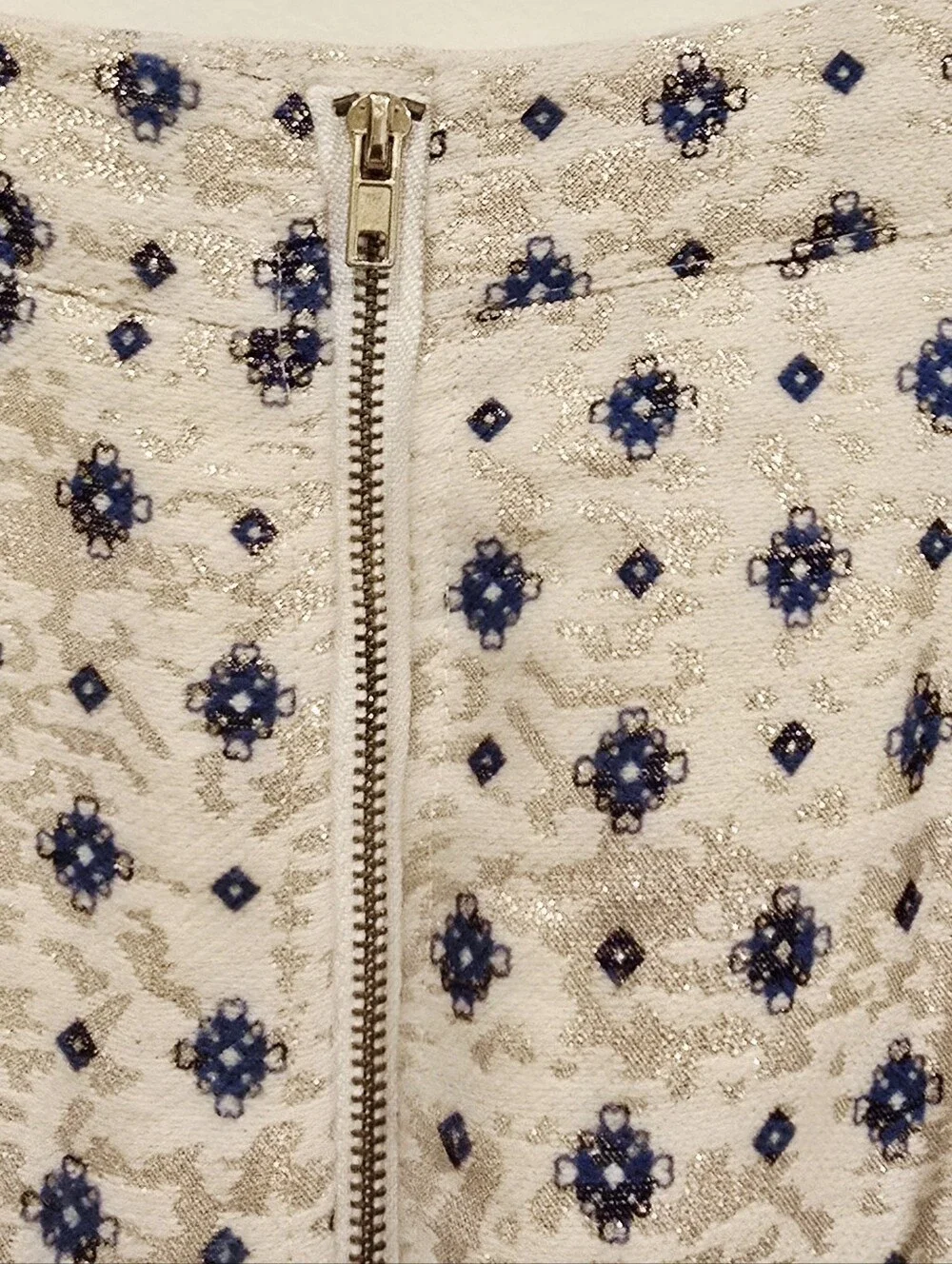 Miami Cream Brocade Shimmery Skirt with Blue Floral Print And Beaded Waist.